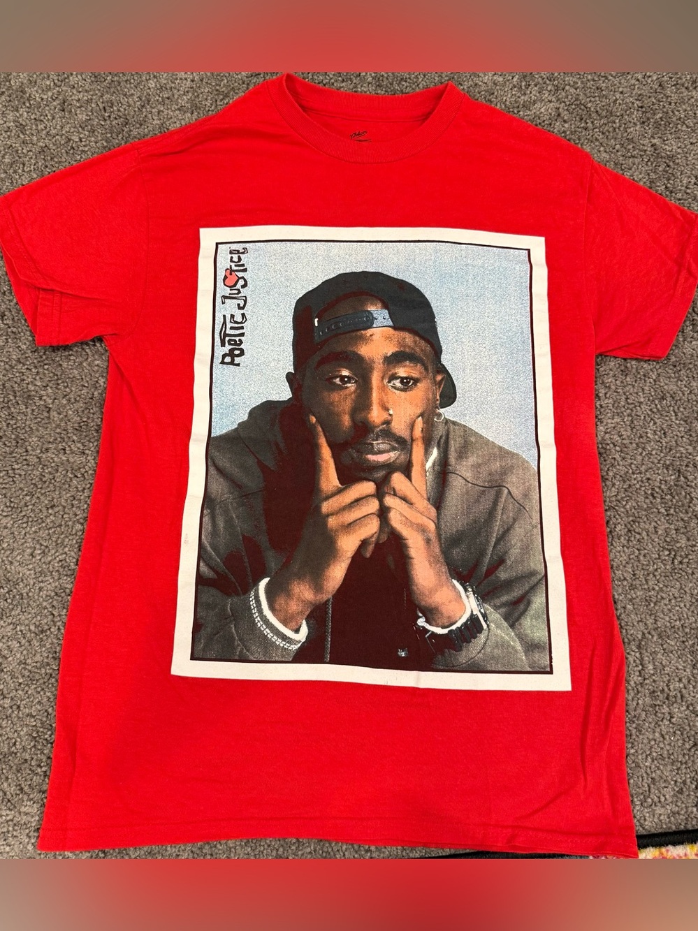 Red Tupac Poetic Justice Graphic Tee with Portrait small